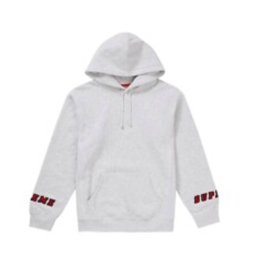 Supreme Gray Hoodie with Red Logo on Wrists
